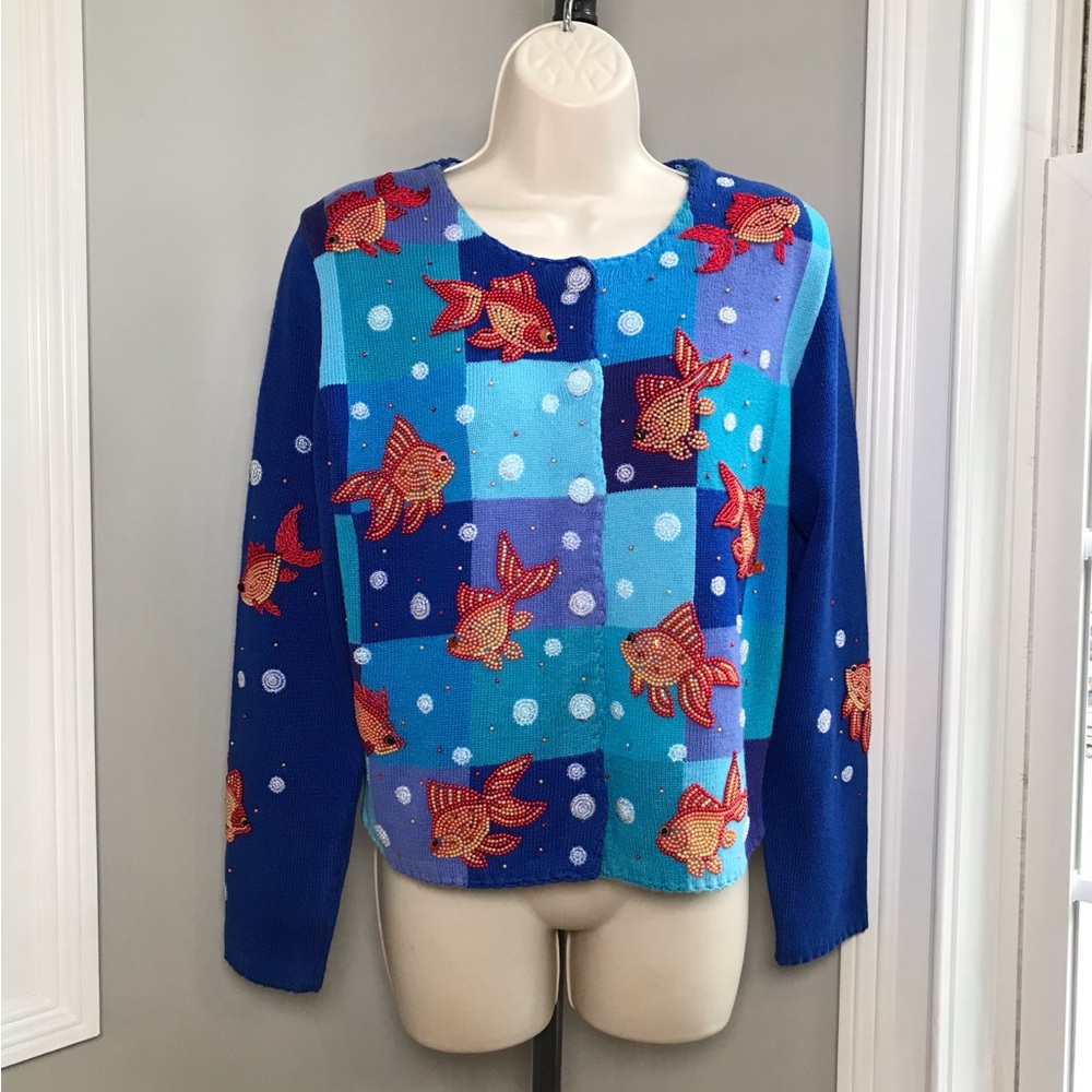 Vintage Michael Simon Beaded Goldfish Cardigan Sweater ~ Women’s Small EUC
